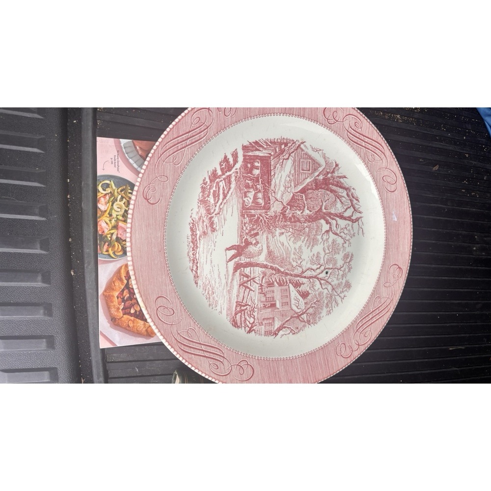 Currier & Ives Royal China 13" Red-Pink Snowy Morning Plates Backstamp Large